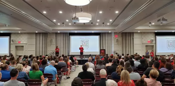 Miami student-athletes speaking at Orientation