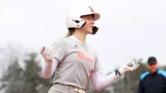 Elon, NC – Feb 9: NCAA Softball - Miami vs Evansville at Hunt Softball Park in Elon, NC on February 9, 2024. (Credit: Andy Mead/YCJ)
