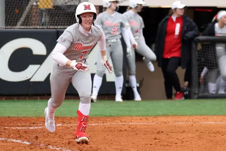 Elon, NC – Feb 9: NCAA Softball - Miami vs Evansville at Hunt Softball Park in Elon, NC on February 9, 2024. (Credit: Andy Mead/YCJ)