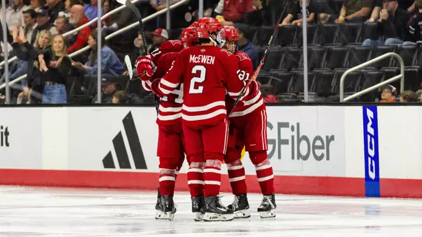 Miami Hockey goal celebration at Omaha