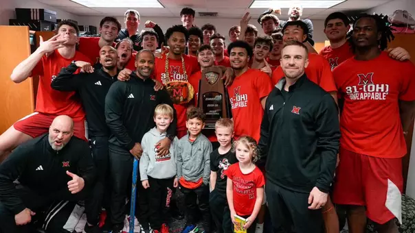 Miami Men's Basketball locker room celebration after win at Ohio