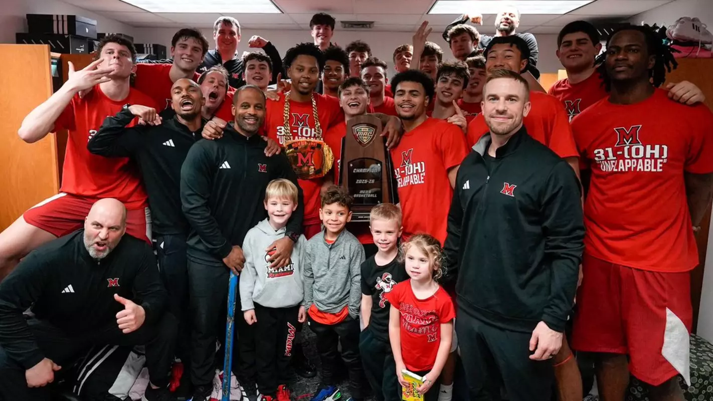 Miami Men's Basketball locker room celebration after win at Ohio