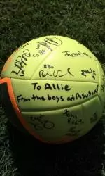 Missouri State men's soccer has donated this signed soccer ball to Allie Alvstad.