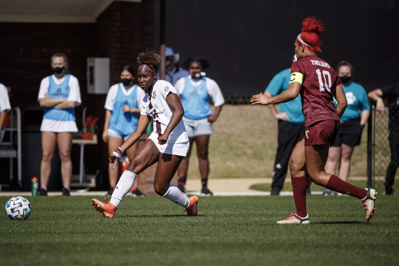 STARKVILLE, MS - March 20, 2021 - The Mississippi State Bulldogs take on Troy at the MSU Soccer Field in Starkville, MS. Photo By Chamberlain Smith