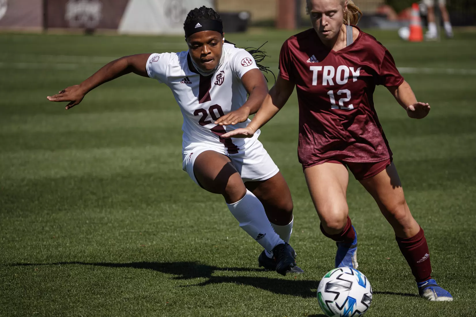 STARKVILLE, MS - March 20, 2021 - The Mississippi State Bulldogs take on Troy at the MSU Soccer Field in Starkville, MS. Photo By Chamberlain Smith