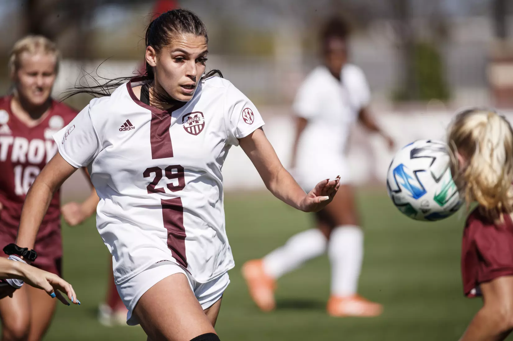 STARKVILLE, MS - March 20, 2021 - The Mississippi State Bulldogs take on Troy at the MSU Soccer Field in Starkville, MS. Photo By Chamberlain Smith