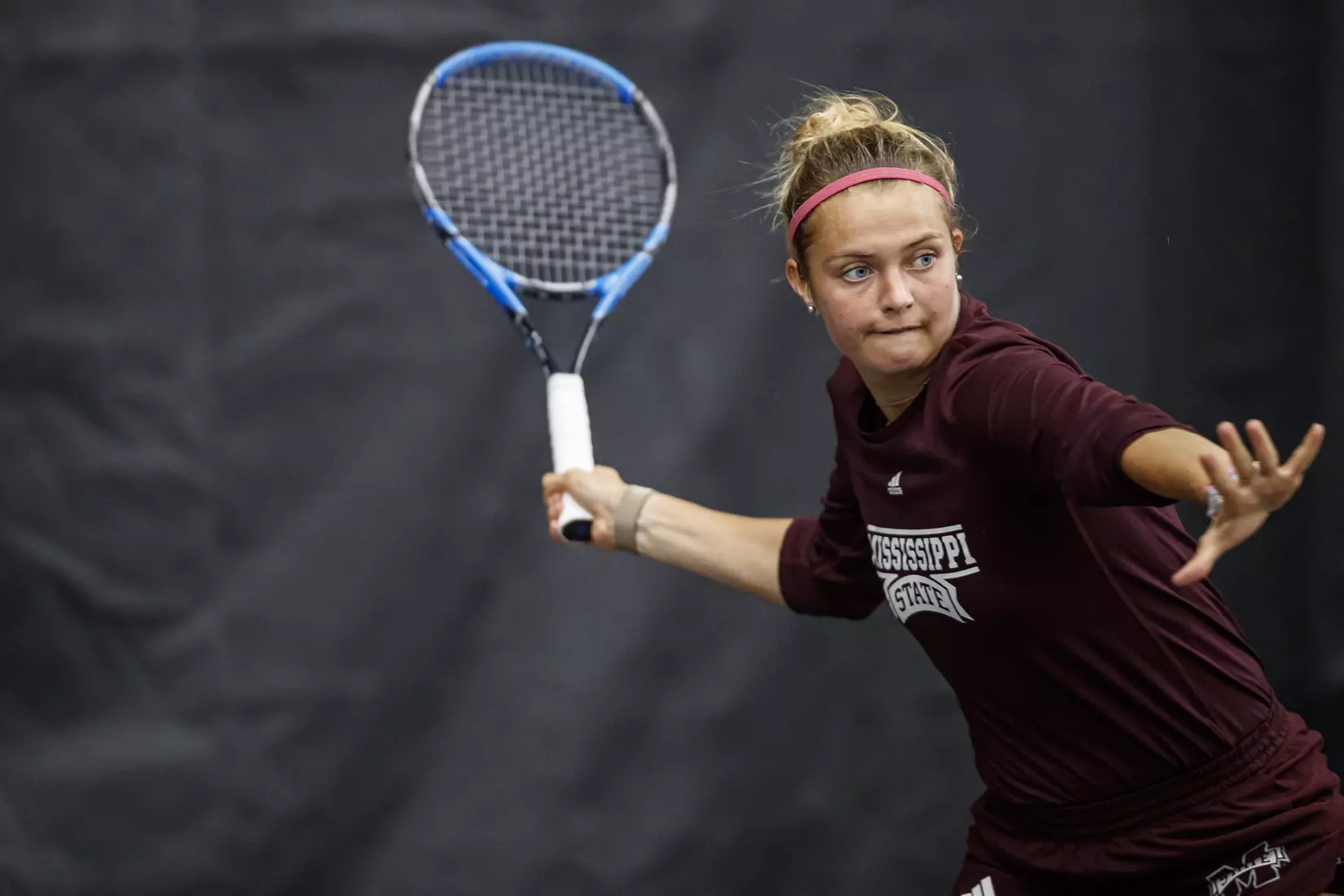 STARKVILLE, MS - March 25, 2021 - Mississippi State's Chloé Cirotte during the match between the South Carolina Gamecocks and the Mississippi State Bulldogs at the Rula Tennis Pavilion in Starkville, MS. Photo By Austin Perryman