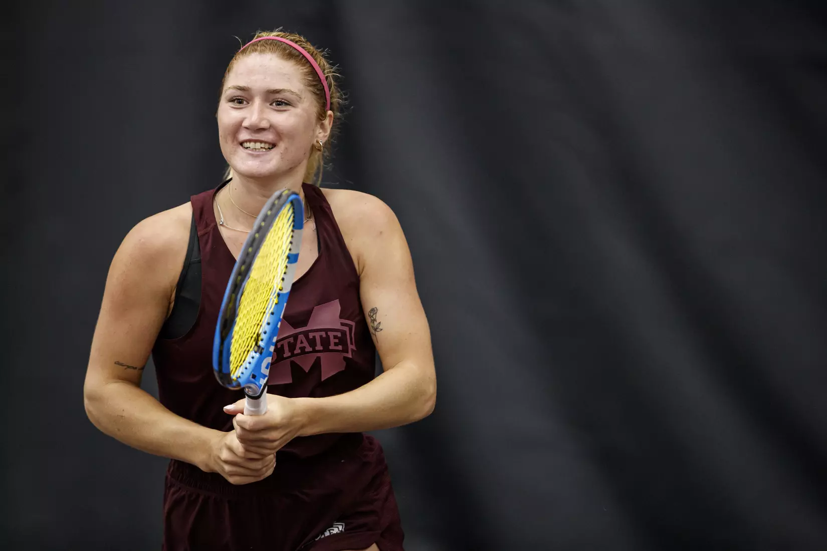 STARKVILLE, MS - March 25, 2021 - Mississippi State's Tamara Racine during the match between the South Carolina Gamecocks and the Mississippi State Bulldogs at the Rula Tennis Pavilion in Starkville, MS. Photo By Austin Perryman