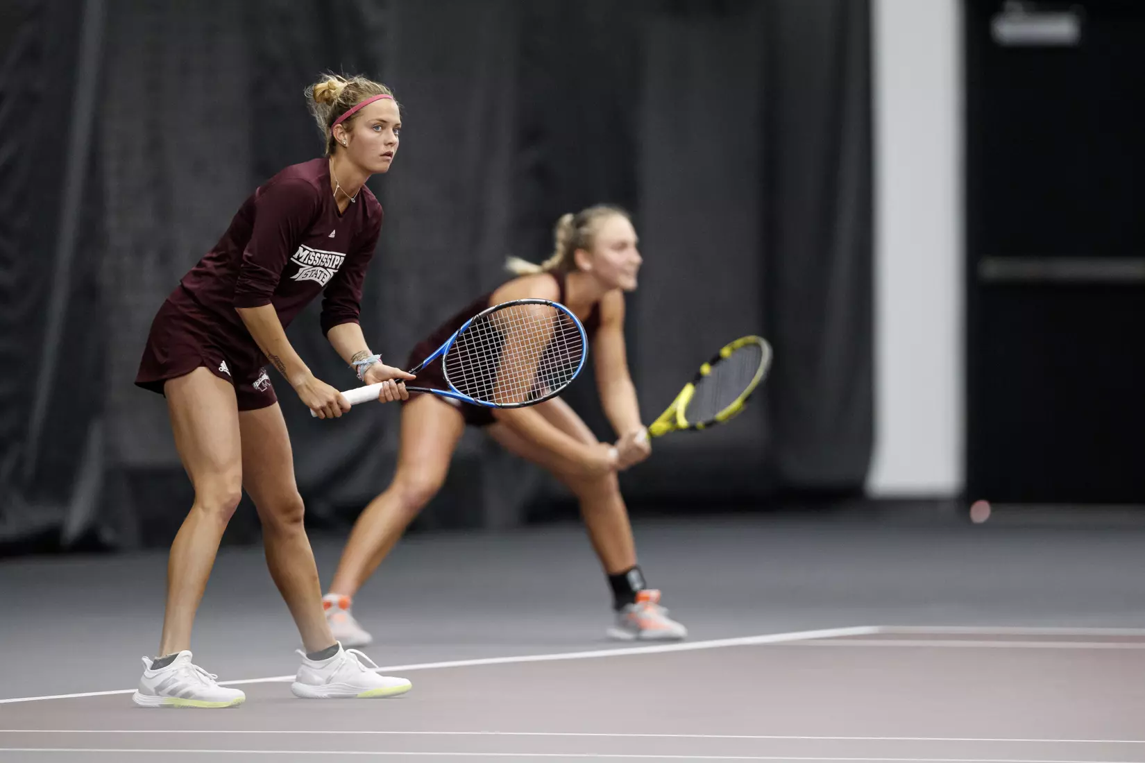 STARKVILLE, MS - March 25, 2021 - Mississippi State's Chloé Cirotte during the match between the South Carolina Gamecocks and the Mississippi State Bulldogs at the Rula Tennis Pavilion in Starkville, MS. Photo By Austin Perryman