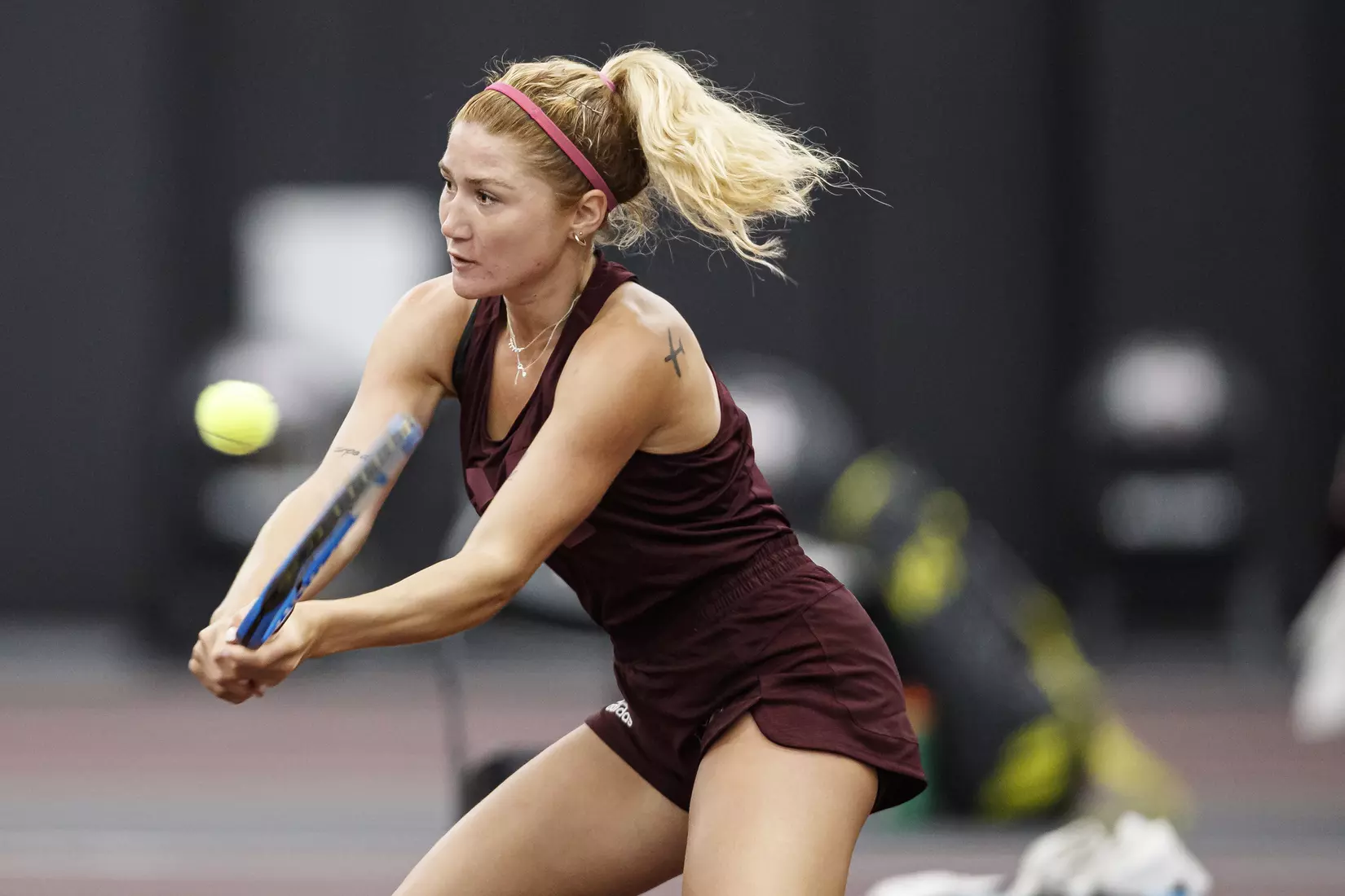 STARKVILLE, MS - March 25, 2021 - Mississippi State's Tamara Racine during the match between the South Carolina Gamecocks and the Mississippi State Bulldogs at the Rula Tennis Pavilion in Starkville, MS. Photo By Austin Perryman