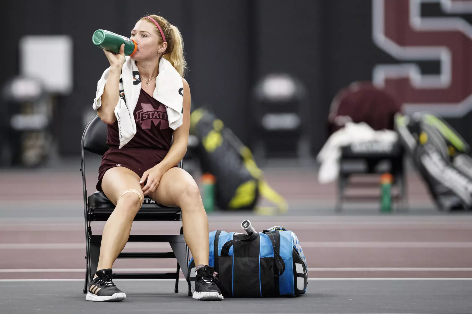 STARKVILLE, MS - March 25, 2021 - Mississippi State's Tamara Racine during the match between the South Carolina Gamecocks and the Mississippi State Bulldogs at the Rula Tennis Pavilion in Starkville, MS. Photo By Austin Perryman