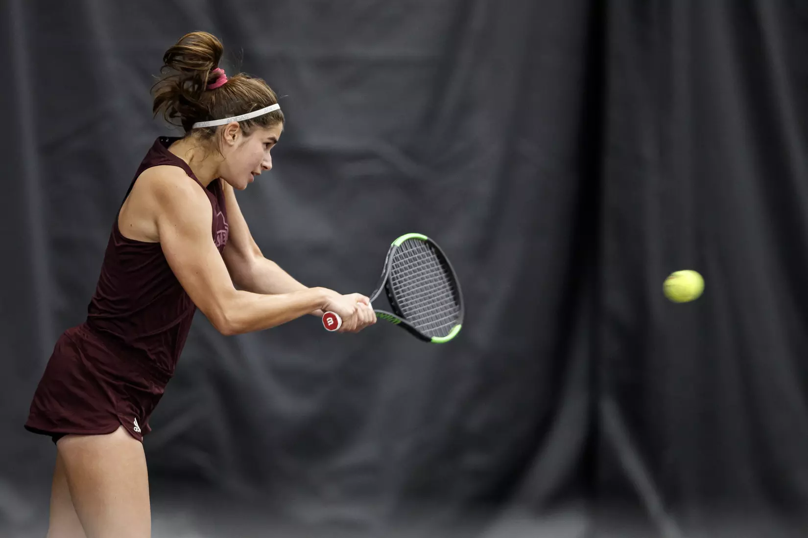 STARKVILLE, MS - March 25, 2021 - Mississippi State's Magda Adaloglou during the match between the South Carolina Gamecocks and the Mississippi State Bulldogs at the Rula Tennis Pavilion in Starkville, MS. Photo By Austin Perryman