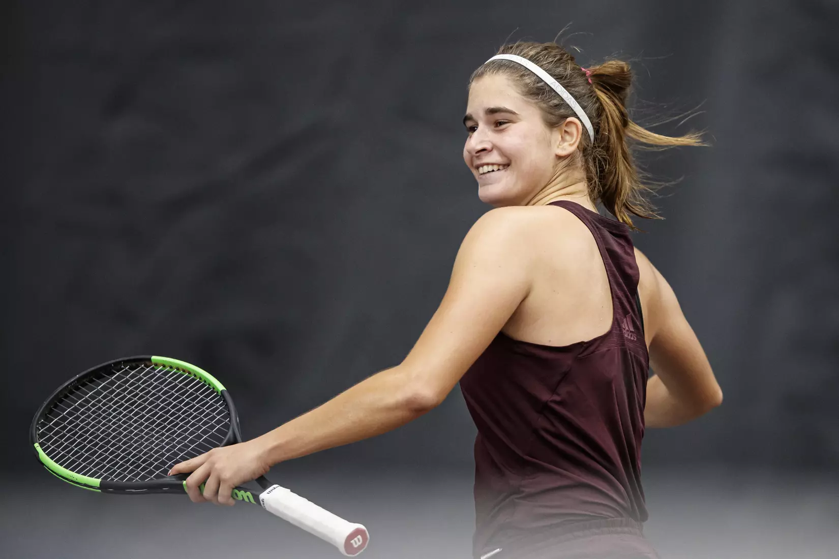 STARKVILLE, MS - March 25, 2021 - Mississippi State's Magda Adaloglou during the match between the South Carolina Gamecocks and the Mississippi State Bulldogs at the Rula Tennis Pavilion in Starkville, MS. Photo By Austin Perryman