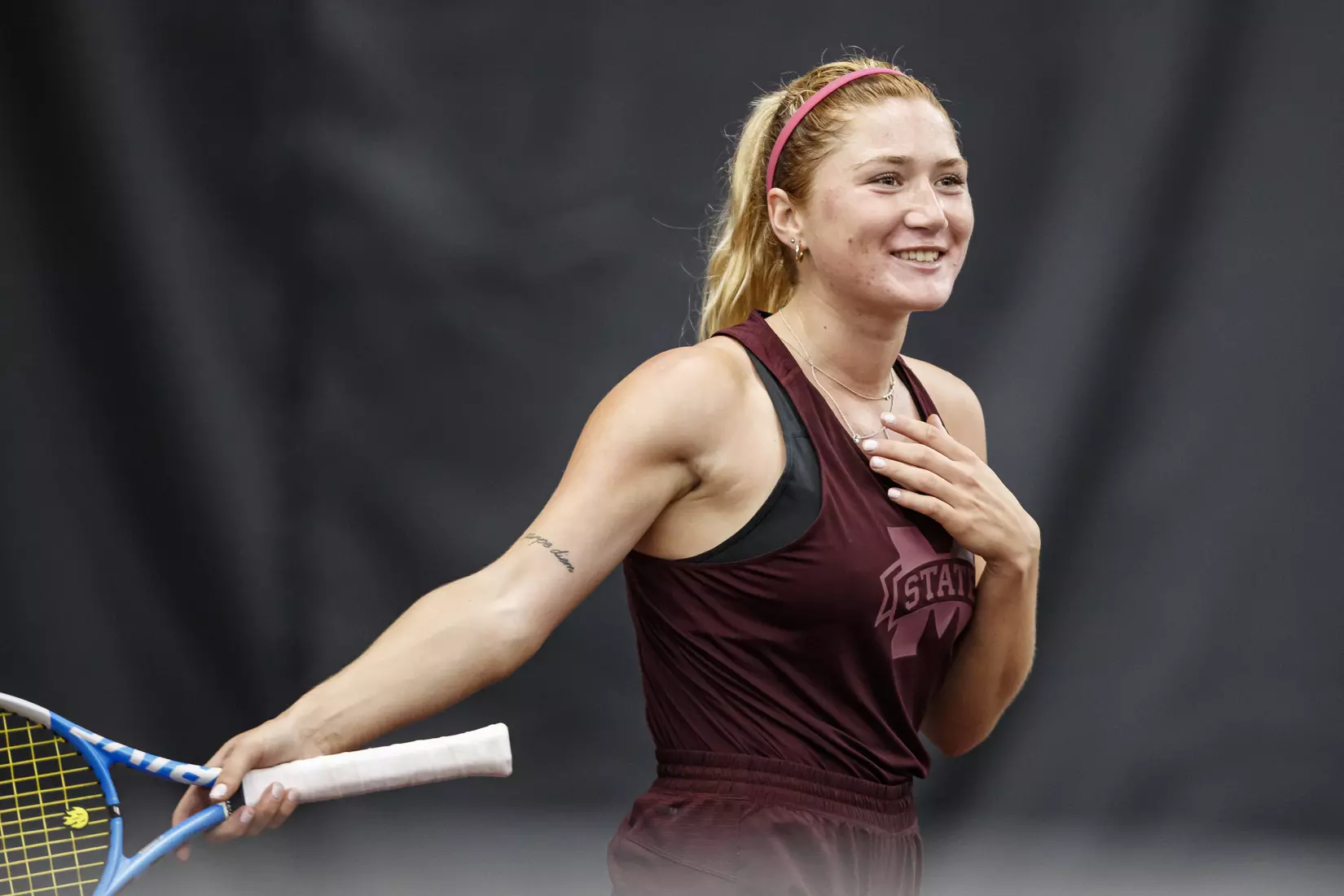 STARKVILLE, MS - March 25, 2021 - Mississippi State's Tamara Racine during the match between the South Carolina Gamecocks and the Mississippi State Bulldogs at the Rula Tennis Pavilion in Starkville, MS. Photo By Austin Perryman