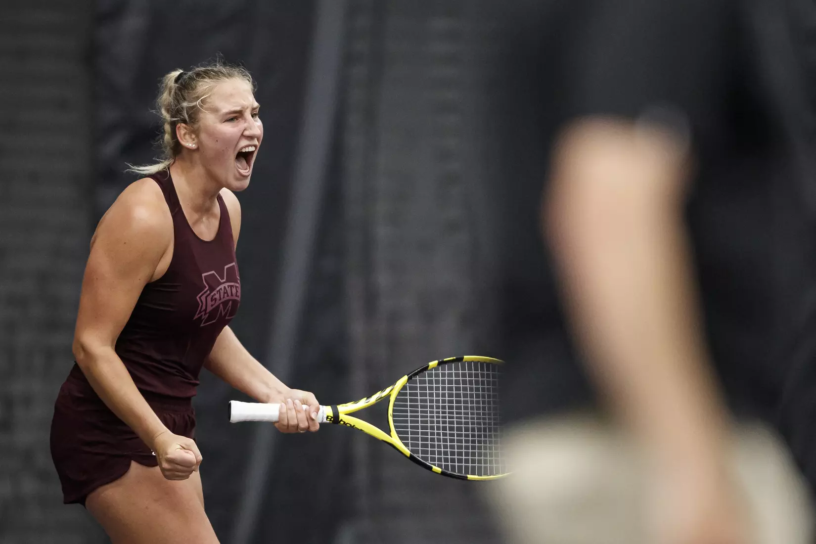 STARKVILLE, MS - March 25, 2021 - Mississippi State's Alexandra Mikhailuk during the match between the South Carolina Gamecocks and the Mississippi State Bulldogs at the Rula Tennis Pavilion in Starkville, MS. Photo By Austin Perryman
