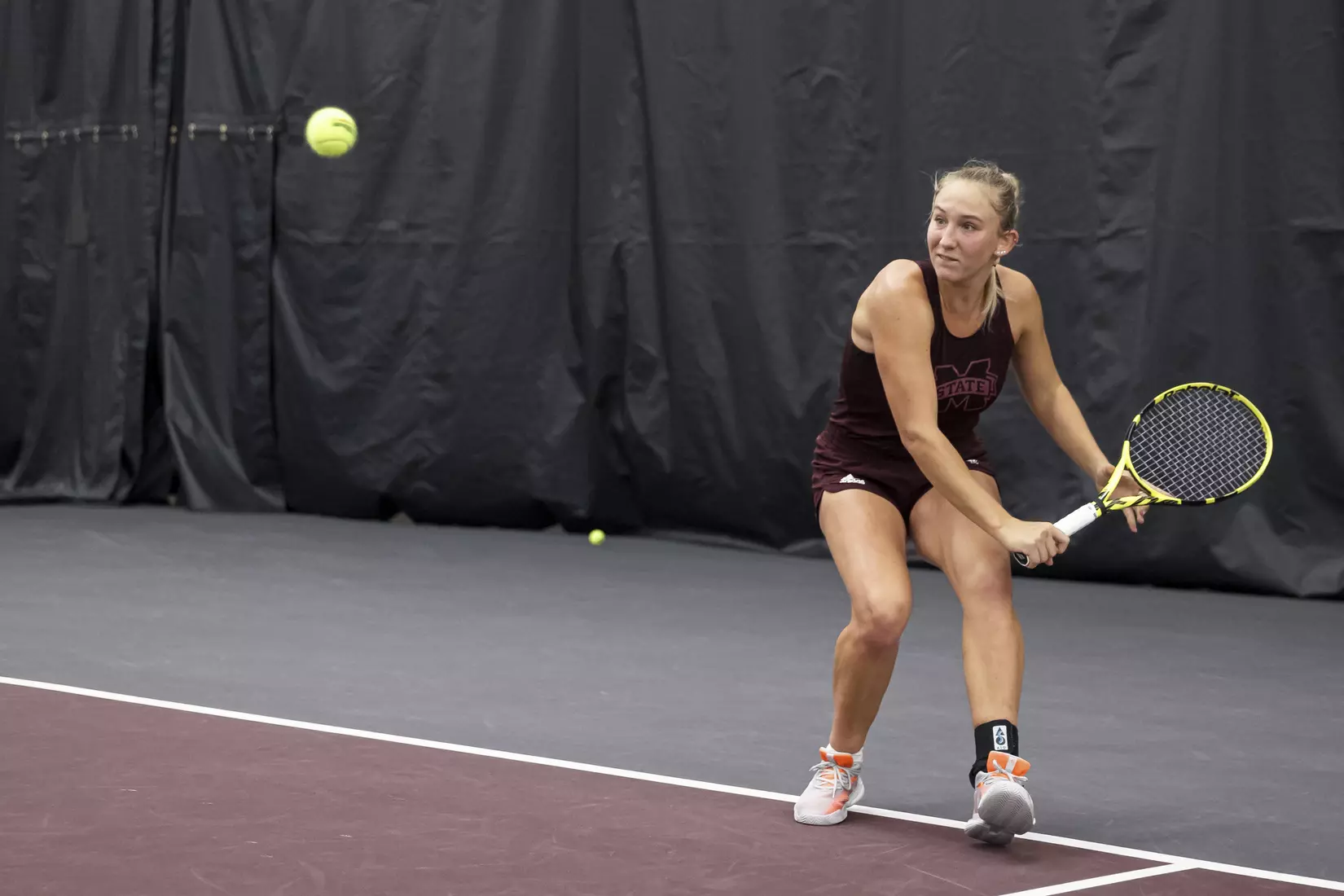 STARKVILLE, MS - March 25, 2021 - Mississippi State's Alexandra Mikhailuk during the match between the South Carolina Gamecocks and the Mississippi State Bulldogs at the Rula Tennis Pavilion in Starkville, MS. Photo By Austin Perryman