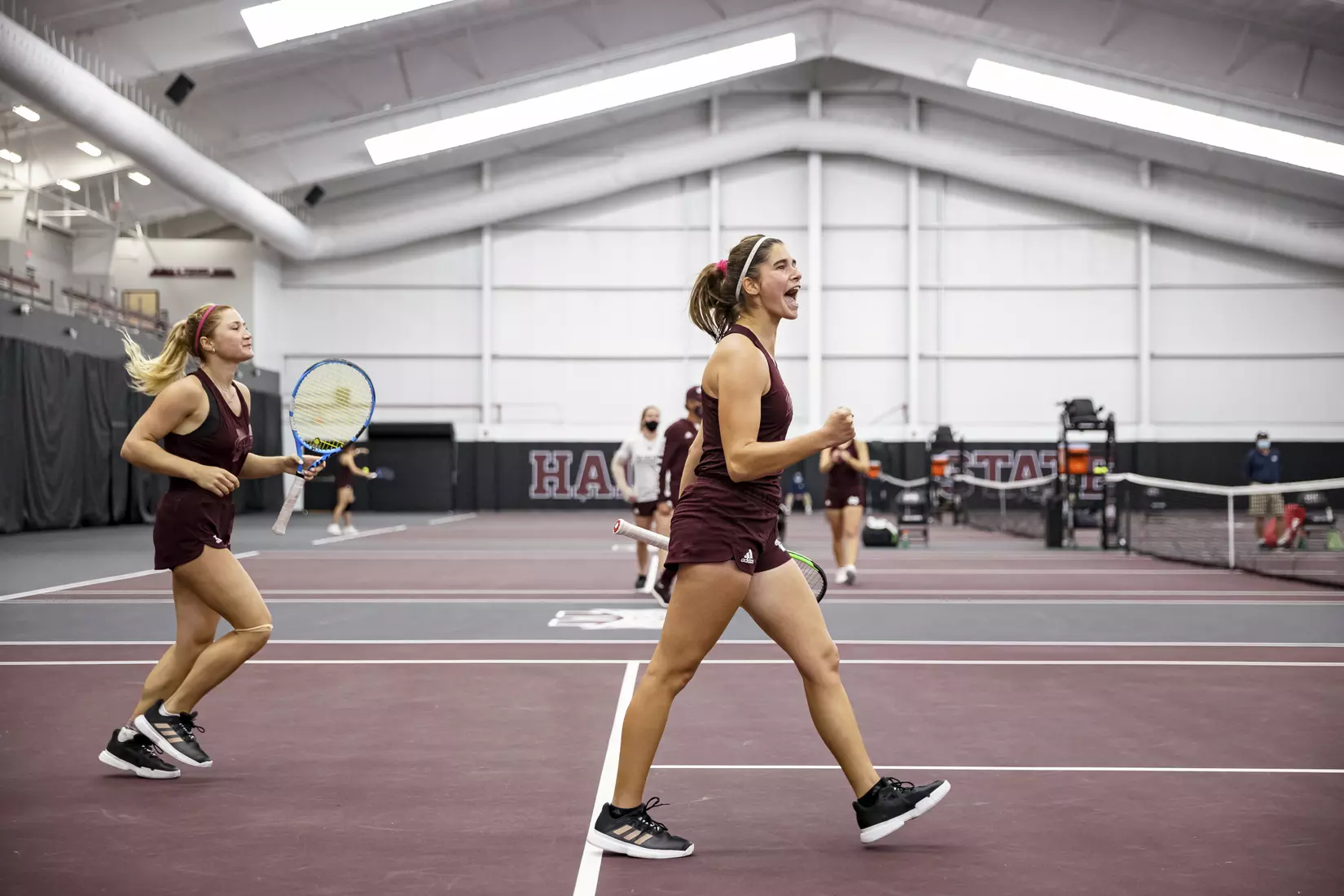 STARKVILLE, MS - March 25, 2021 - Mississippi State's Tamara Racine and Adaloglou and Tamara Racine during the match between the South Carolina Gamecocks and the Mississippi State Bulldogs at the Rula Tennis Pavilion in Starkville, MS. Photo By Austin Perryman