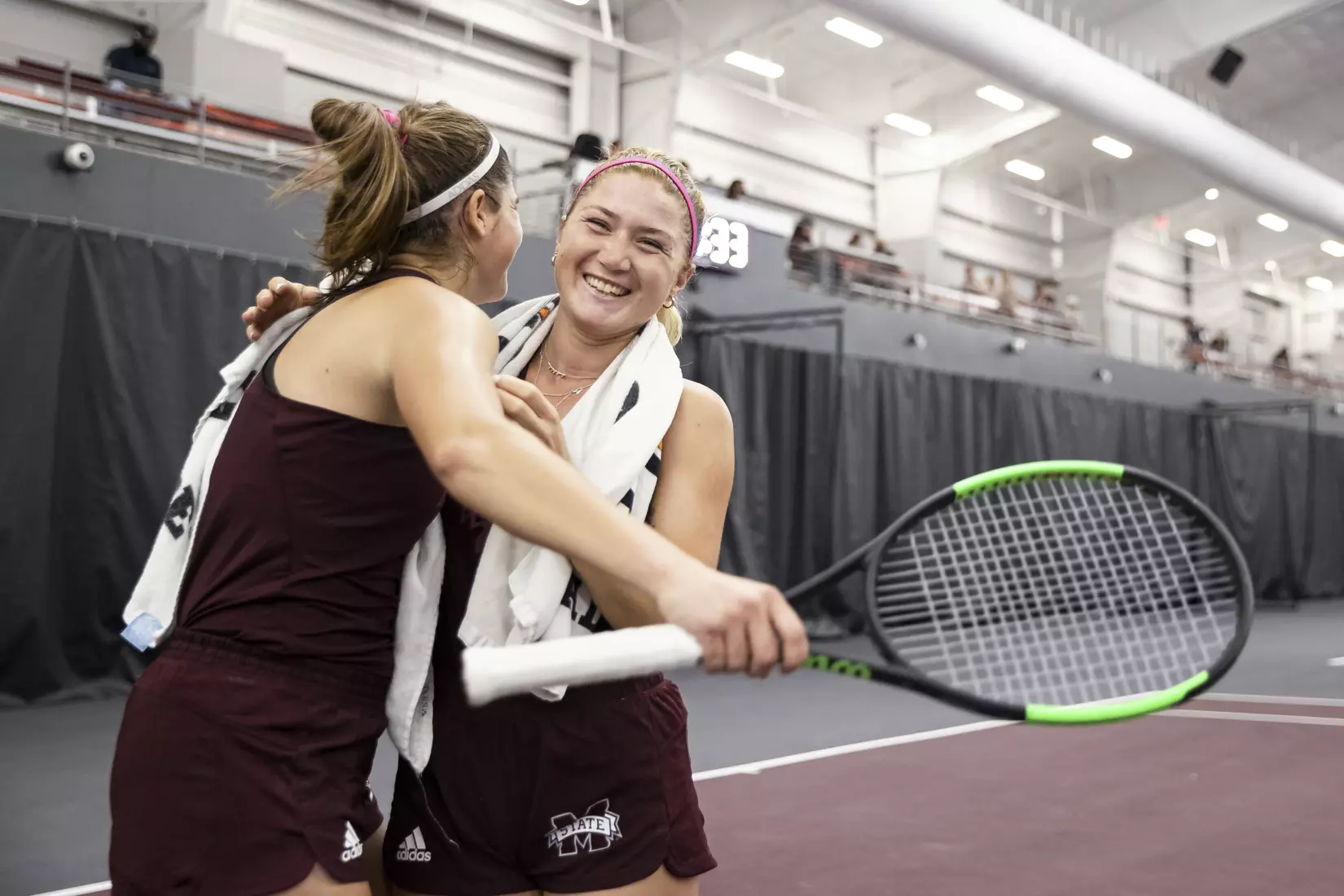 STARKVILLE, MS - March 25, 2021 - Mississippi State's Magda Adaloglou and Tamara Racine during the match between the South Carolina Gamecocks and the Mississippi State Bulldogs at the Rula Tennis Pavilion in Starkville, MS. Photo By Austin Perryman