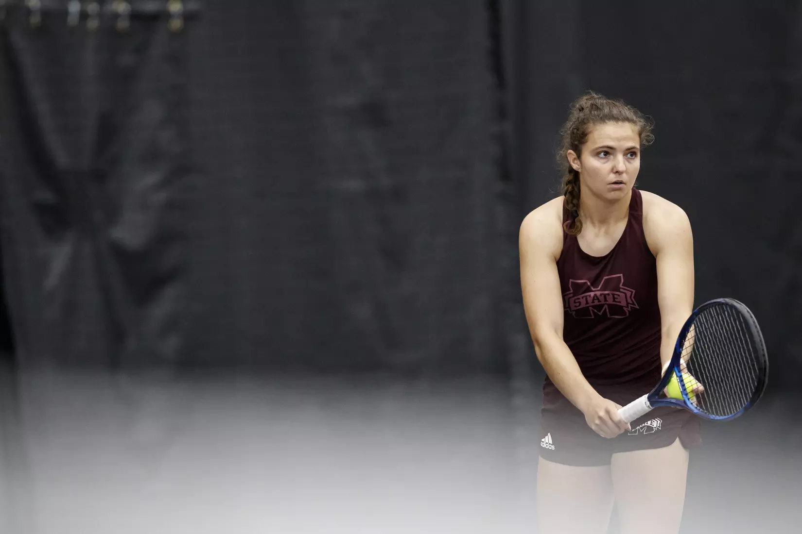 STARKVILLE, MS - March 25, 2021 - Mississippi State's Lilian Poling during the match between the South Carolina Gamecocks and the Mississippi State Bulldogs at the Rula Tennis Pavilion in Starkville, MS. Photo By Austin Perryman