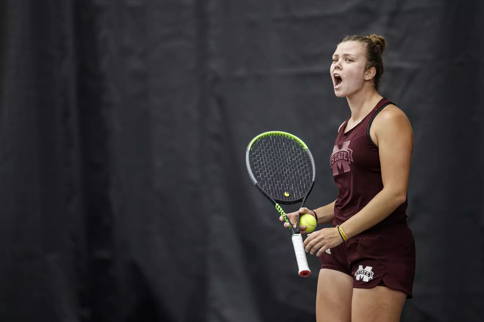 STARKVILLE, MS - March 25, 2021 - Mississippi State's Emma Antonaki during the match between the South Carolina Gamecocks and the Mississippi State Bulldogs at the Rula Tennis Pavilion in Starkville, MS. Photo By Austin Perryman