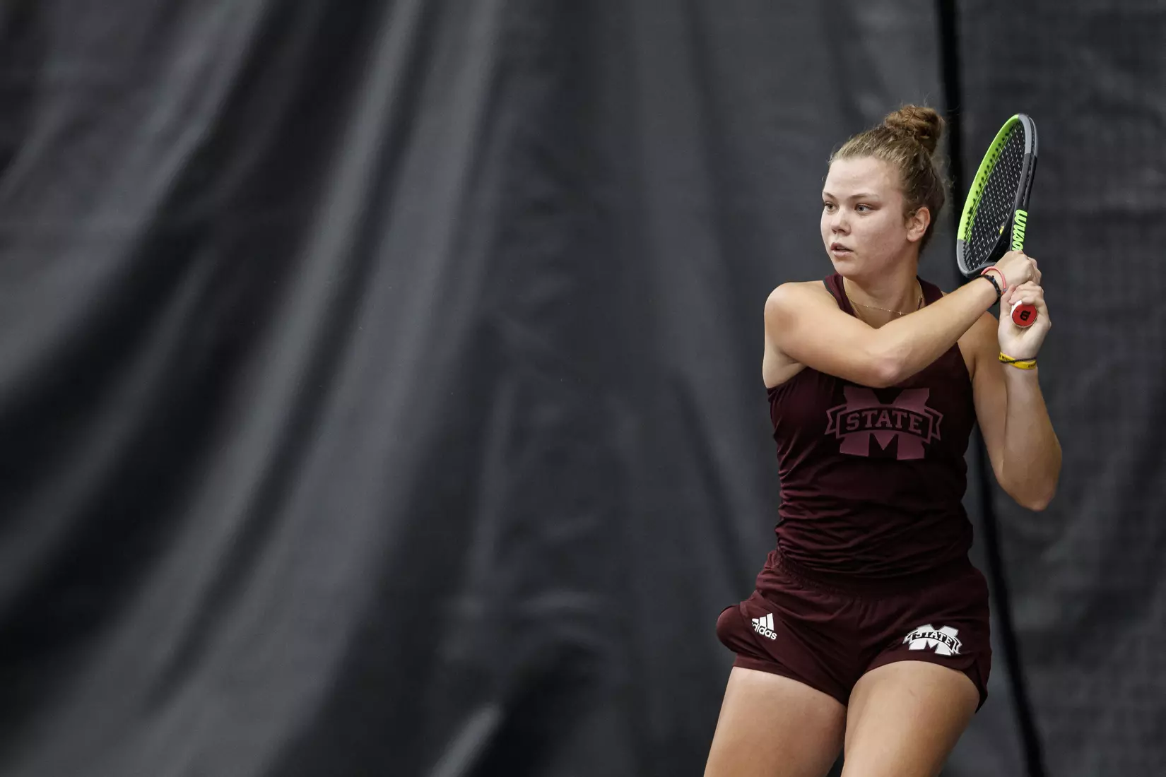 STARKVILLE, MS - March 25, 2021 - Mississippi State's Emma Antonaki during the match between the South Carolina Gamecocks and the Mississippi State Bulldogs at the Rula Tennis Pavilion in Starkville, MS. Photo By Austin Perryman