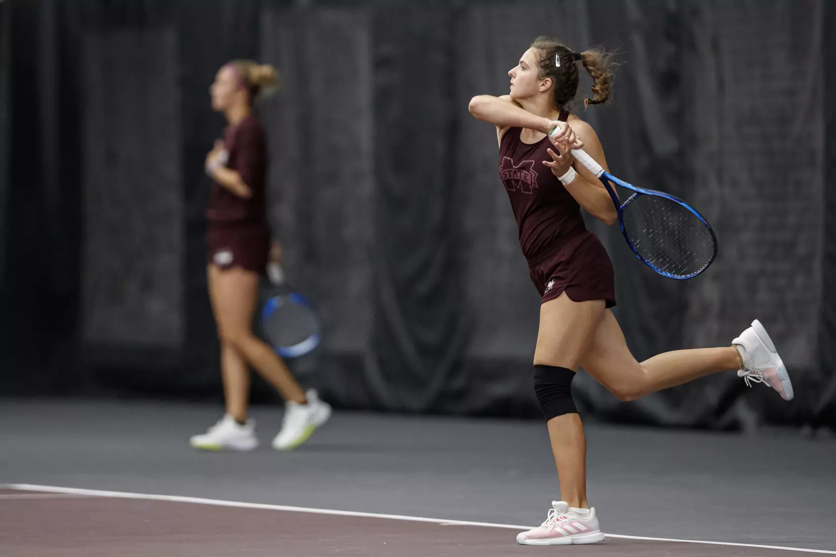 STARKVILLE, MS - March 25, 2021 - Mississippi State's Lilian Poling during the match between the South Carolina Gamecocks and the Mississippi State Bulldogs at the Rula Tennis Pavilion in Starkville, MS. Photo By Austin Perryman