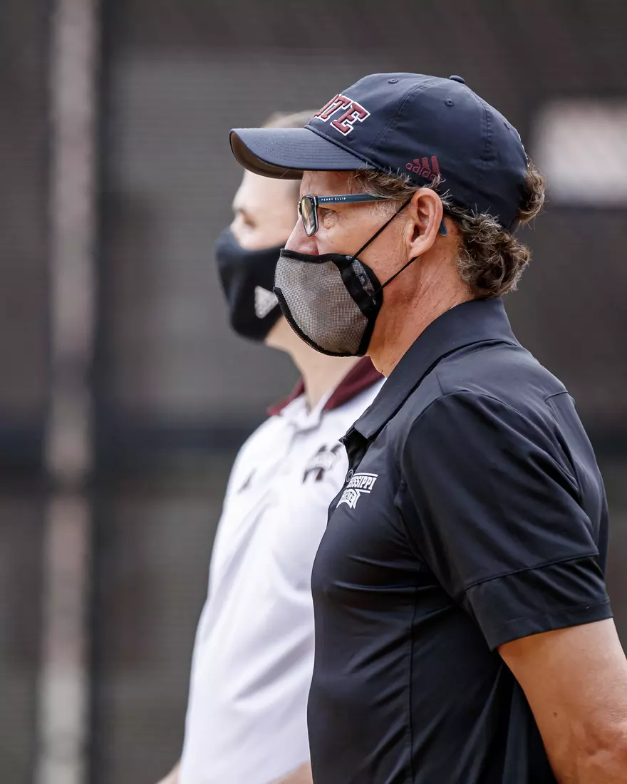 STARKVILLE, MS - MARCH 27, 2021 - Head Coach Daryl Greenan before the match between the Florida Gators and the Mississippi State Bulldogs at the AJ Pitts Tennis Centre in Starkville, MS. Photo By Sarah Triplett