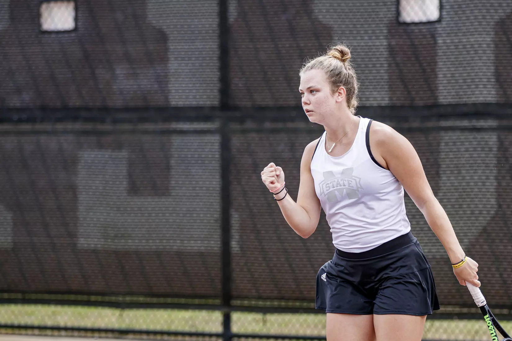 STARKVILLE, MS - MARCH 27, 2021 - Emma Antonaki during the match between the Florida Gators and the Mississippi State Bulldogs at the AJ Pitts Tennis Centre in Starkville, MS. Photo By Sarah Triplett