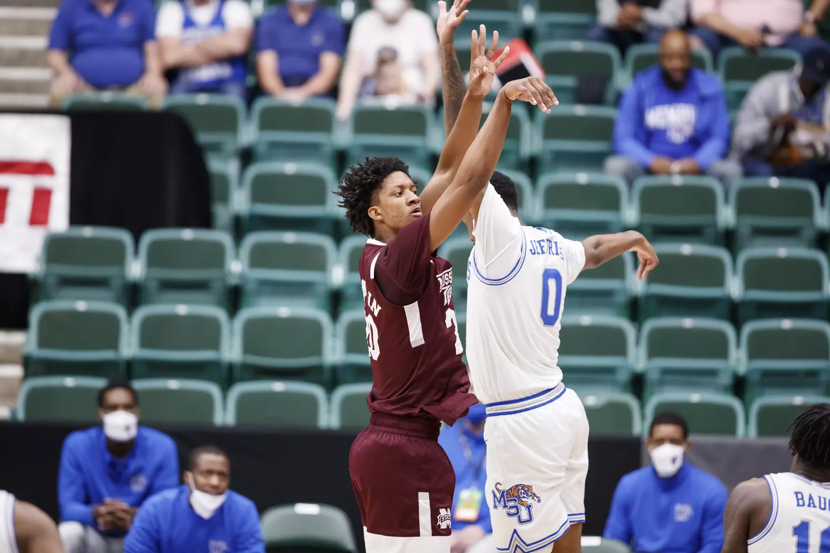 FRISCO, TX - March 28, 2021 - During the NIT Championship Game between the Mississippi State Bulldogs and the Memphis Tigers at Comerica Center in Frisco, TX. Photo By Chamberlain Smith