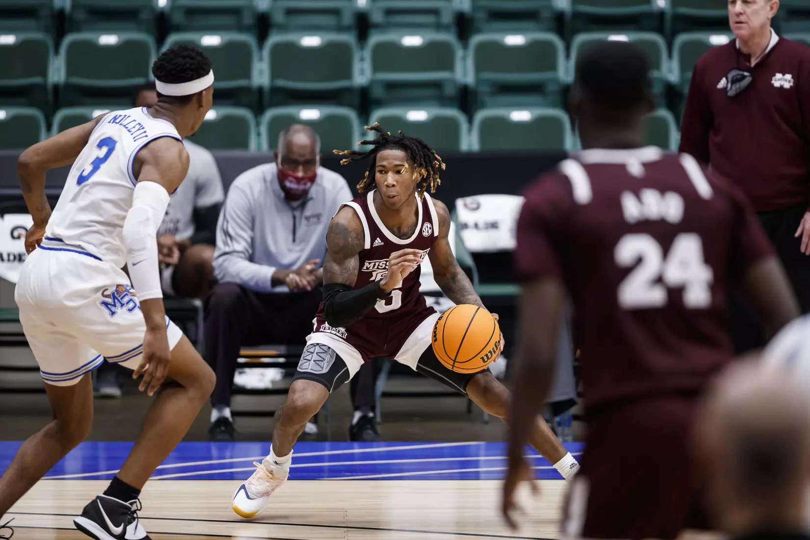 FRISCO, TX - March 28, 2021 - During the NIT Championship Game between the Mississippi State Bulldogs and the Memphis Tigers at Comerica Center in Frisco, TX. Photo By Chamberlain Smith
