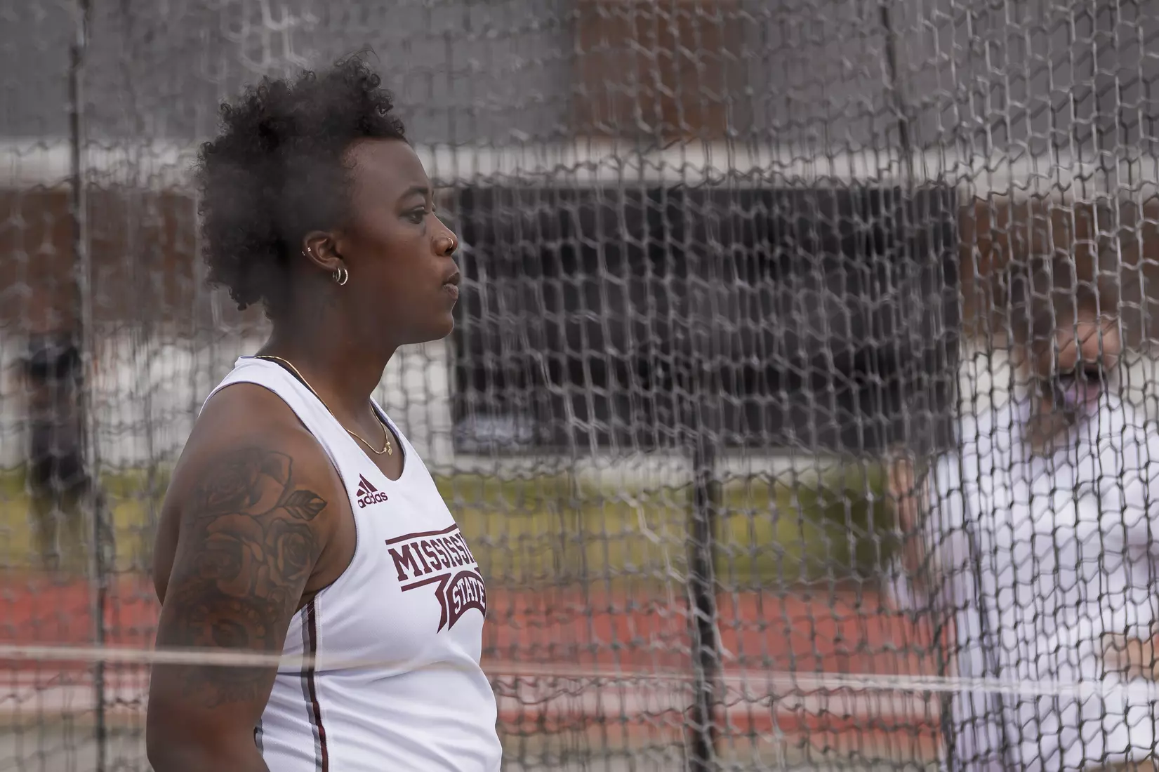 STARKVILLE, MS - APRIL 30, 2021 - Mississippi State Thrower Francesca Chambers during the Maroon and White Invite at the Mike Sanders Track Complex in Starkville, MS. Photo By Laura Parsley