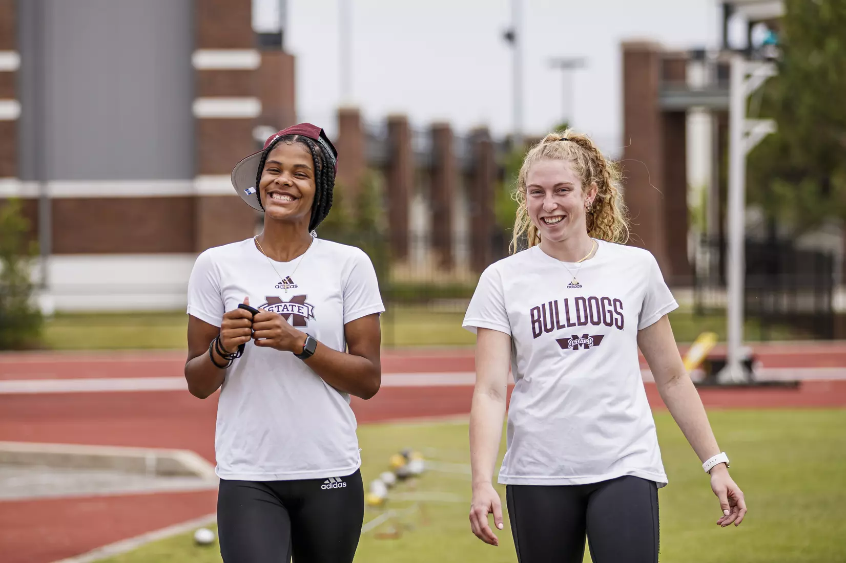 STARKVILLE, MS - APRIL 30, 2021 - Mississippi State Jumper Peyton Mickelson and Hurdler Cathrina Morris during the Maroon and White Invite at the Mike Sanders Track Complex in Starkville, MS. Photo By Laura Parsley