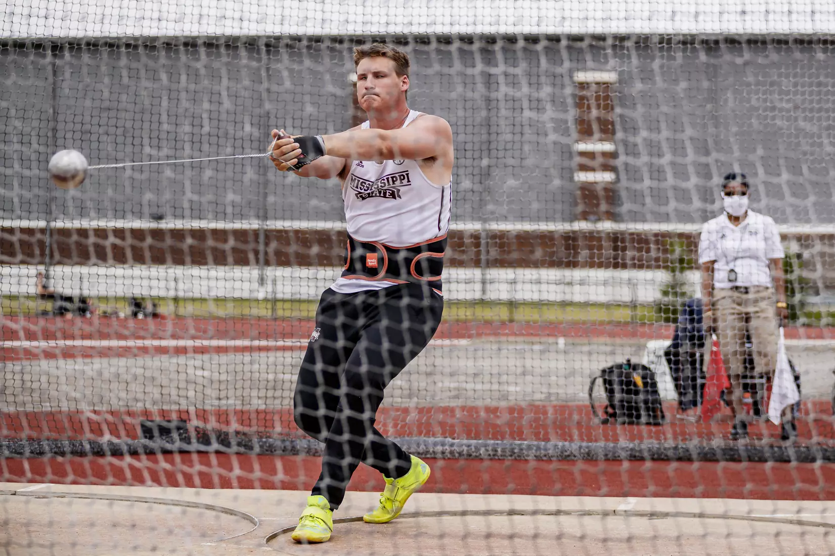STARKVILLE, MS - APRIL 30, 2021 - Mississippi State Thrower Trent Zelden during the Maroon and White Invite at the Mike Sanders Track Complex in Starkville, MS. Photo By Laura Parsley