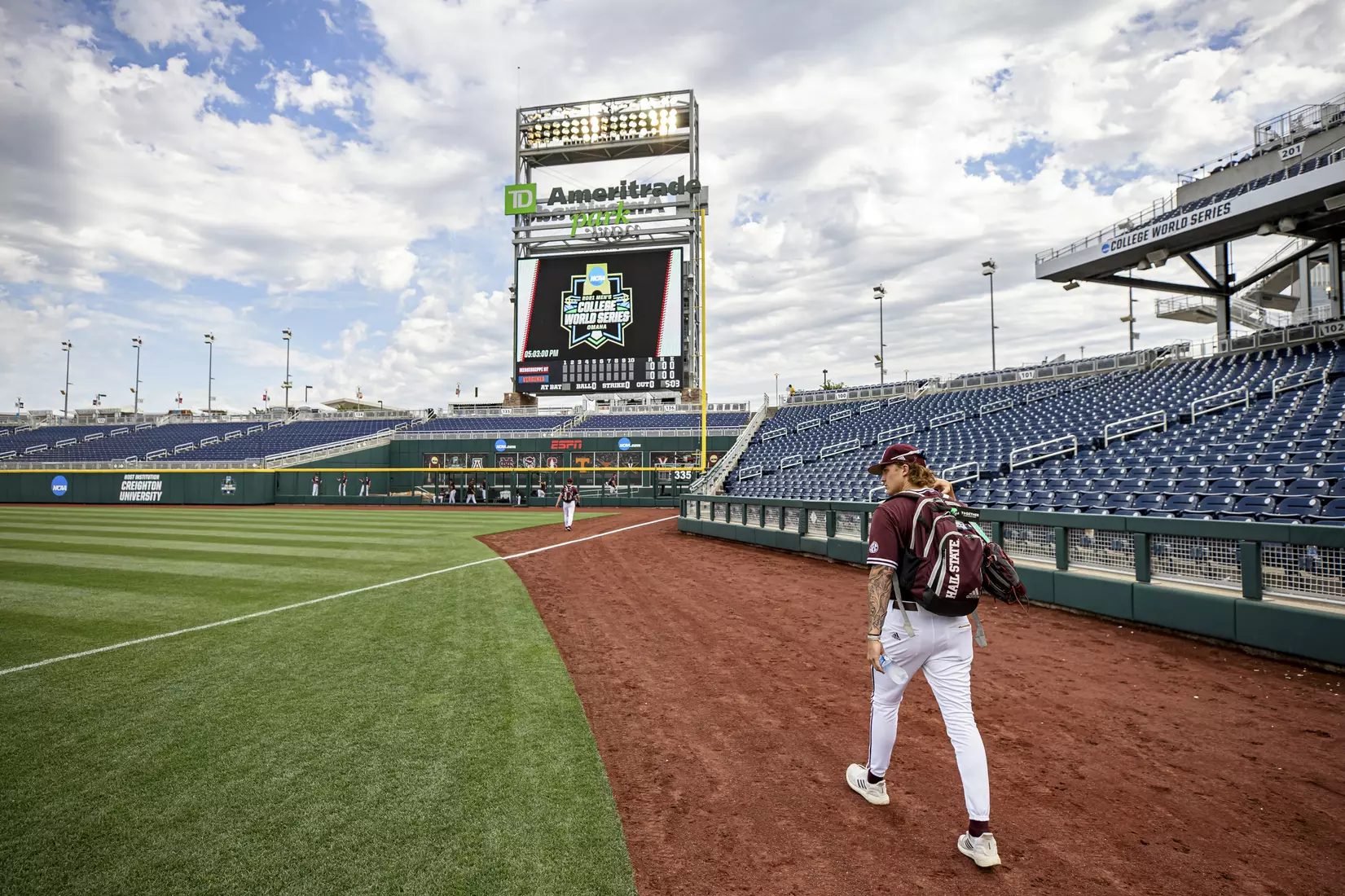OMAHA, NE - June 22, 2021 - Mississippi State Pitcher Jackson Fristoe (#27) before the 2021 Mens College World Series game between the Mississippi State Bulldogs and the Virginia Cavaliers at TD Ameritrade Park in Omaha, NE. Photo By Austin Perryman