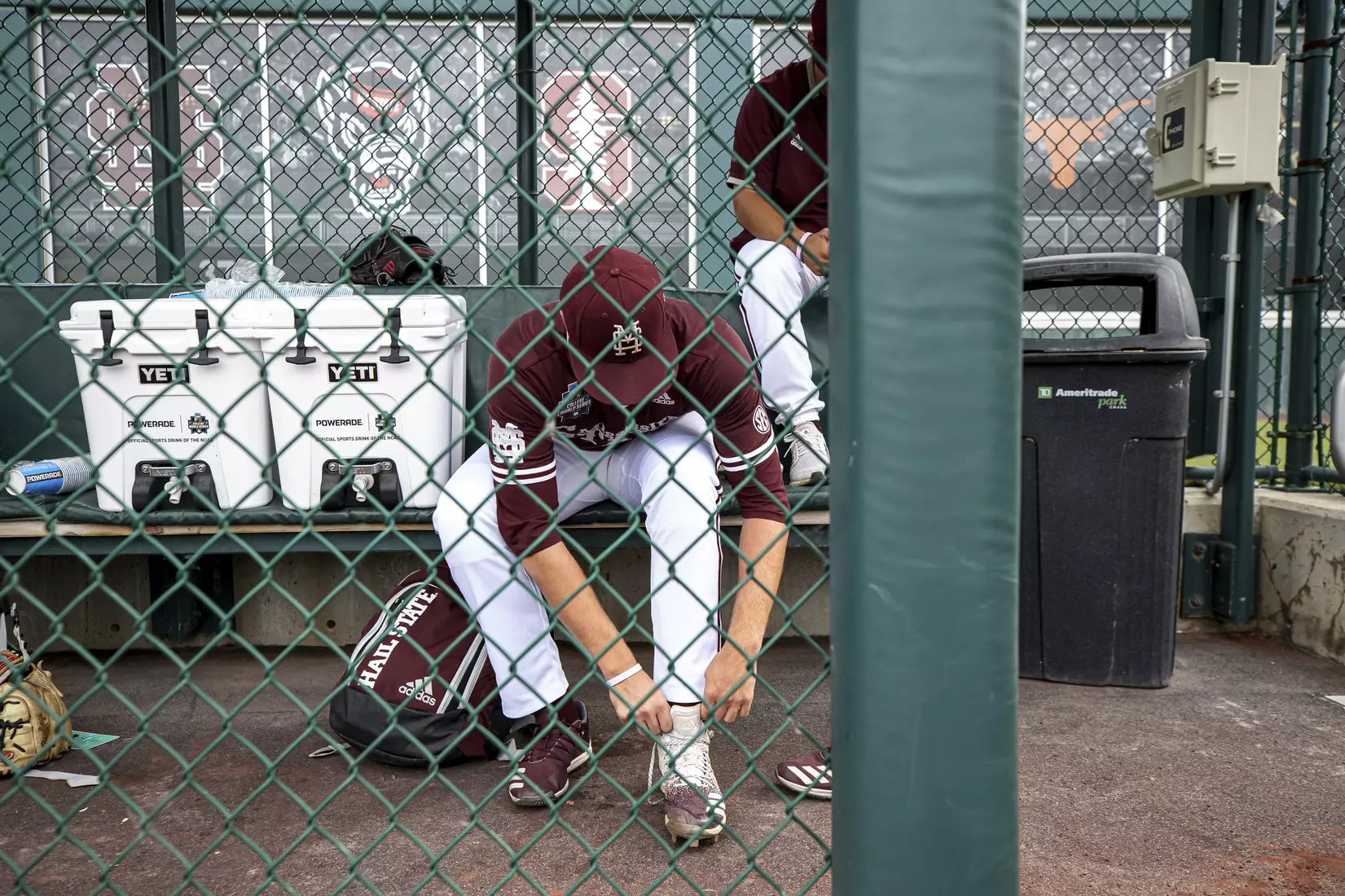 OMAHA, NE - June 22, 2021 - Mississippi State Pitcher Christian MacLeod (#28) before the 2021 Mens College World Series game between the Mississippi State Bulldogs and the Virginia Cavaliers at TD Ameritrade Park in Omaha, NE. Photo By Austin Perryman