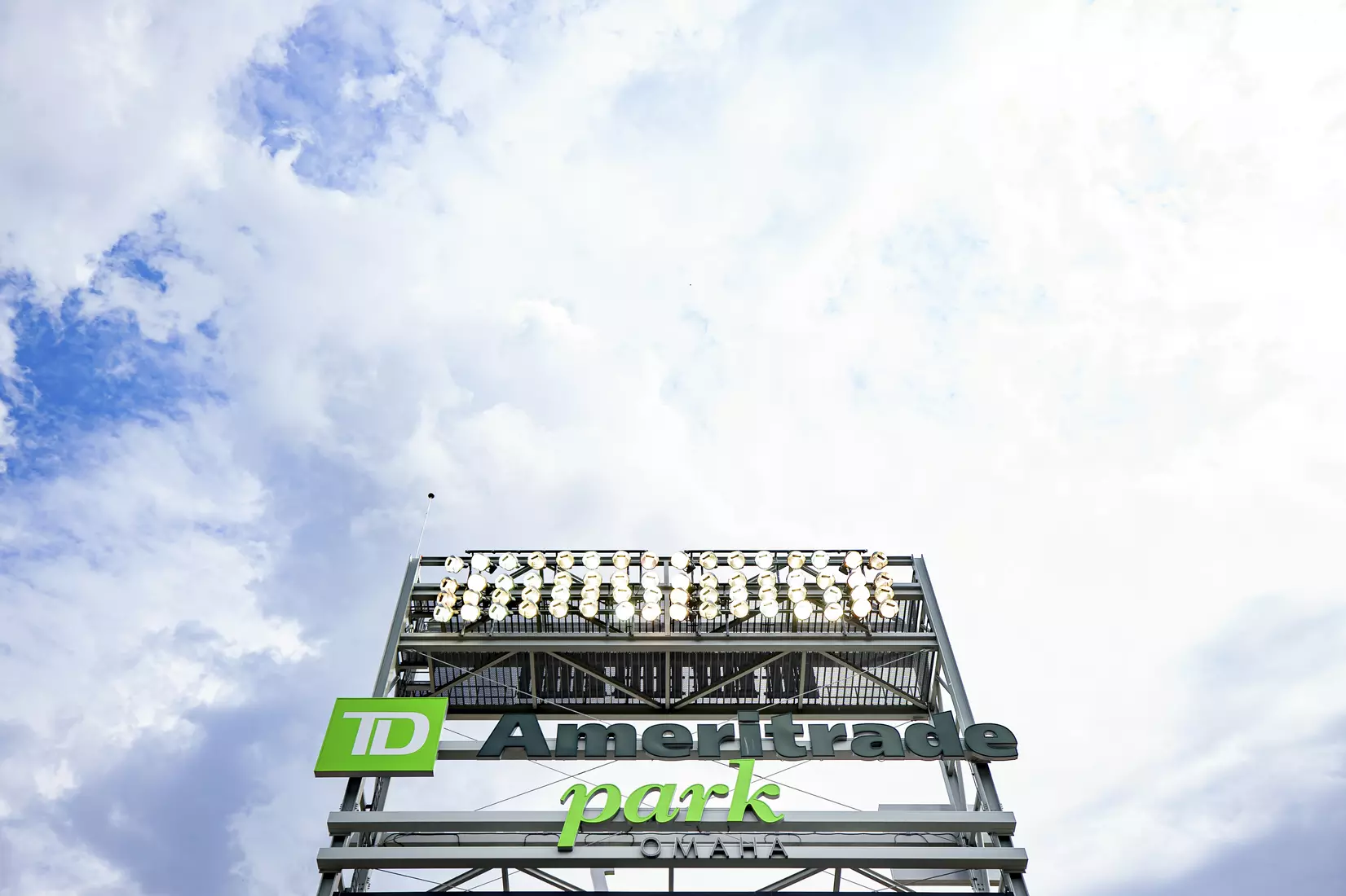 OMAHA, NE - June 22, 2021 - TD Ameritrade Park sign before the 2021 Mens College World Series game between the Mississippi State Bulldogs and the Virginia Cavaliers at TD Ameritrade Park in Omaha, NE. Photo By Austin Perryman