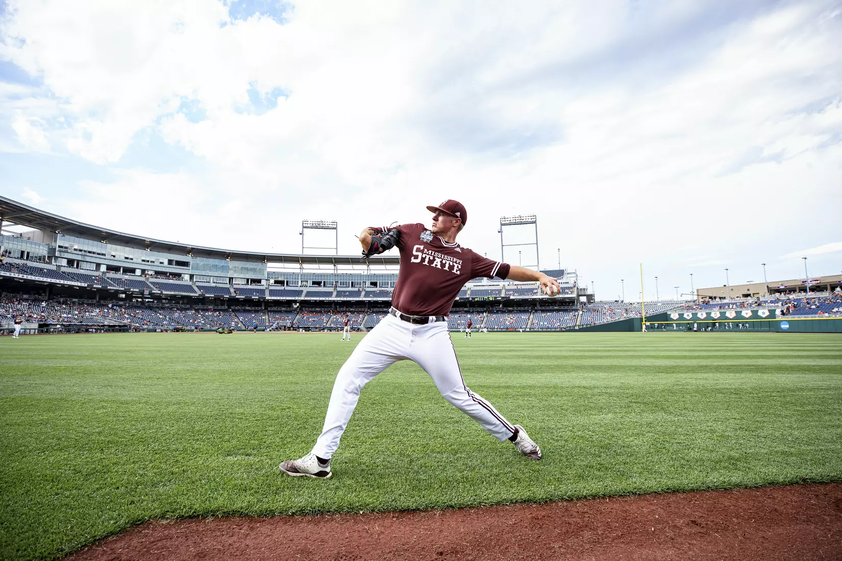 OMAHA, NE - June 22, 2021 - Mississippi State Pitcher Christian MacLeod (#28) before the 2021 Mens College World Series game between the Mississippi State Bulldogs and the Virginia Cavaliers at TD Ameritrade Park in Omaha, NE. Photo By Austin Perryman