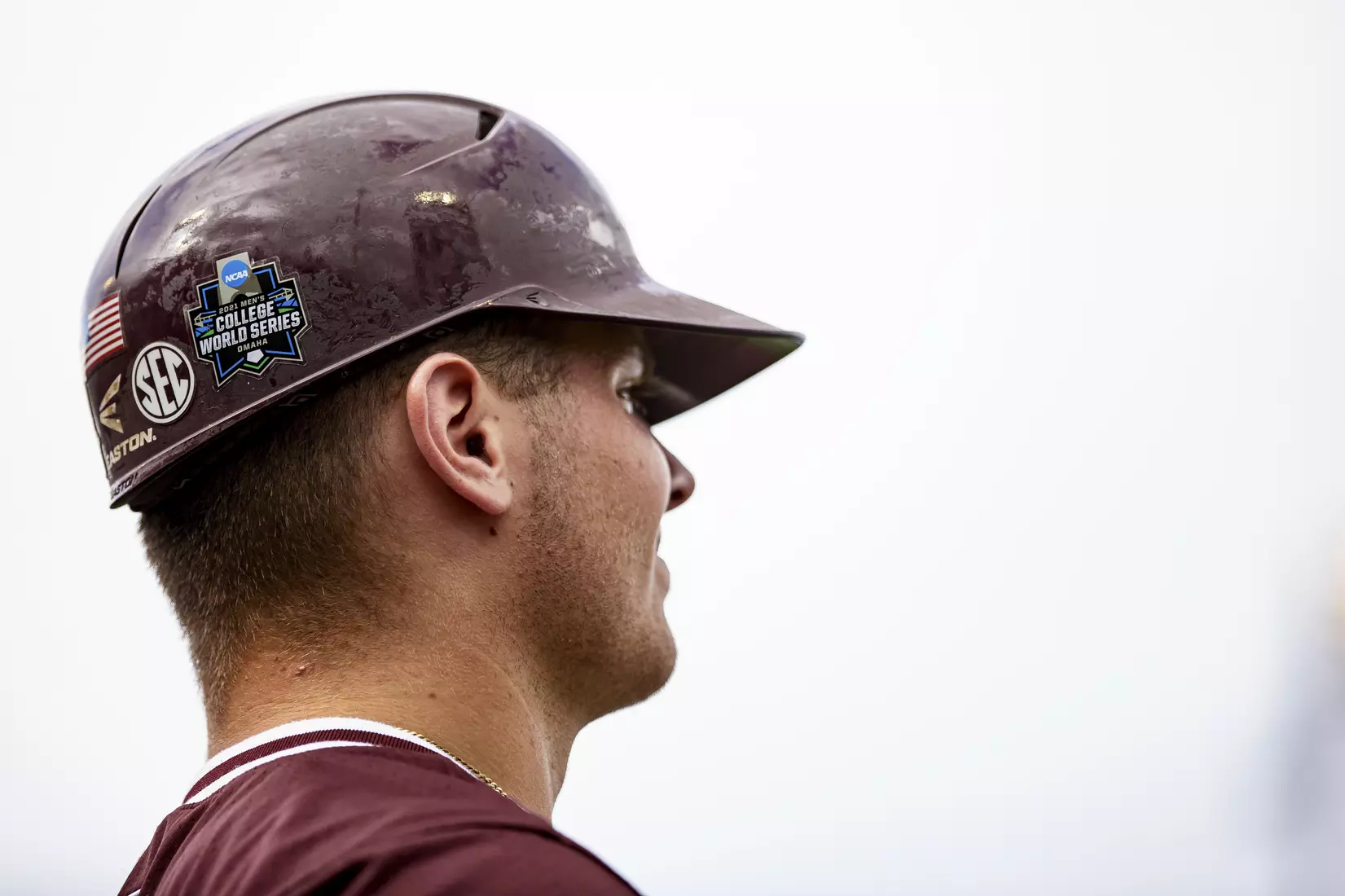 OMAHA, NE - June 22, 2021 - Mississippi State Catcher Logan Tanner (#19) wears a 2021 Mens College World Series decal on his helmet before the 2021 Mens College World Series game between the Mississippi State Bulldogs and the Virginia Cavaliers at TD Ameritrade Park in Omaha, NE. Photo By Austin Perryman