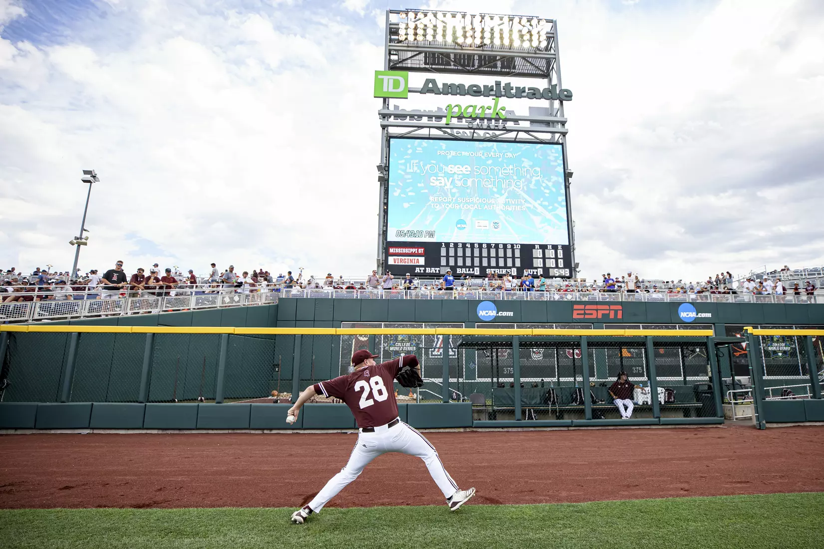 OMAHA, NE - June 22, 2021 - Mississippi State Pitcher Christian MacLeod (#28) before the 2021 Mens College World Series game between the Mississippi State Bulldogs and the Virginia Cavaliers at TD Ameritrade Park in Omaha, NE. Photo By Austin Perryman