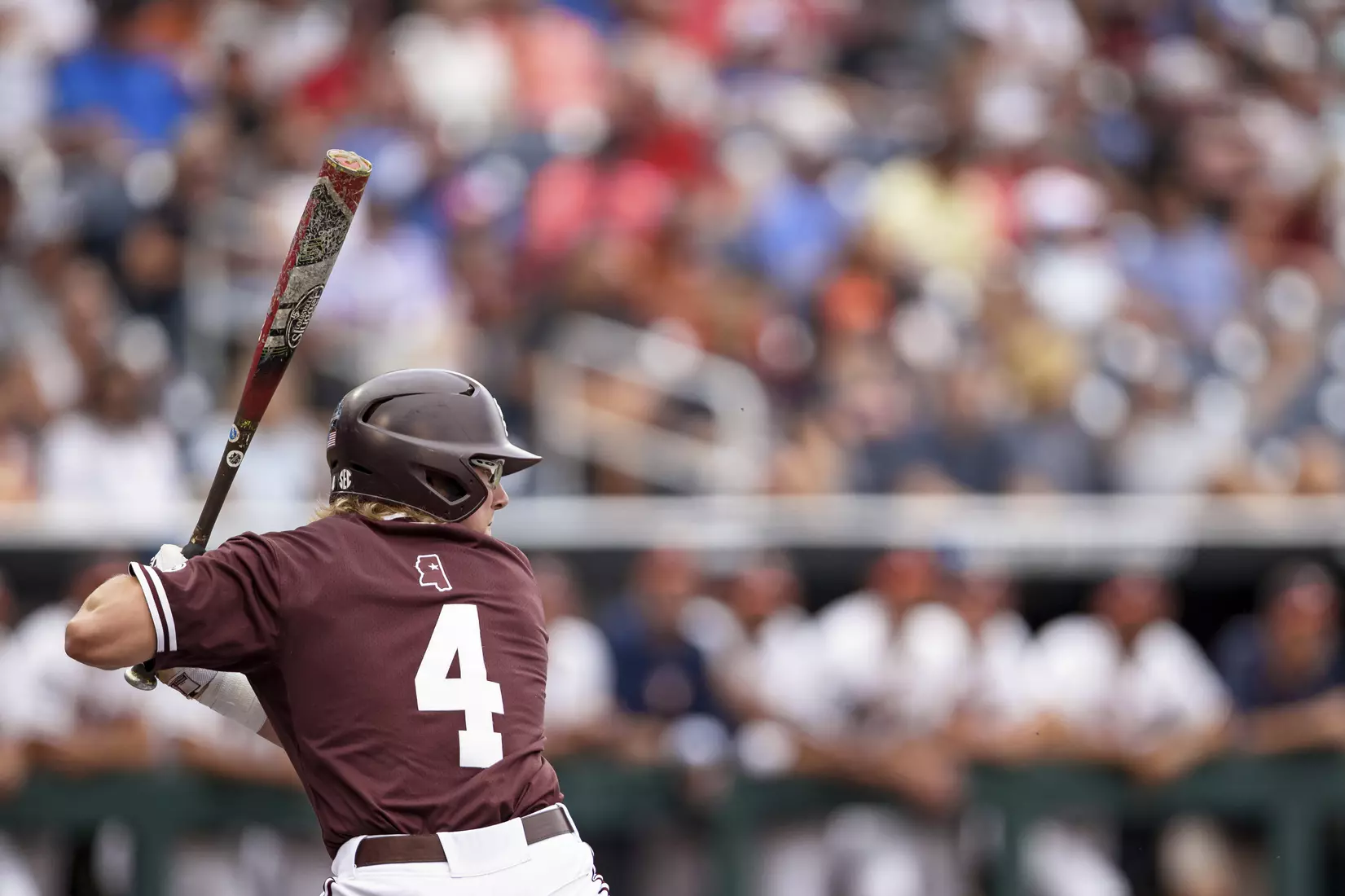 OMAHA, NE - June 22, 2021 - Mississippi State Outfielder Rowdey Jordan (#4) during the 2021 Mens College World Series game between the Mississippi State Bulldogs and the Virginia Cavaliers at TD Ameritrade Park in Omaha, NE. Photo By Austin Perryman