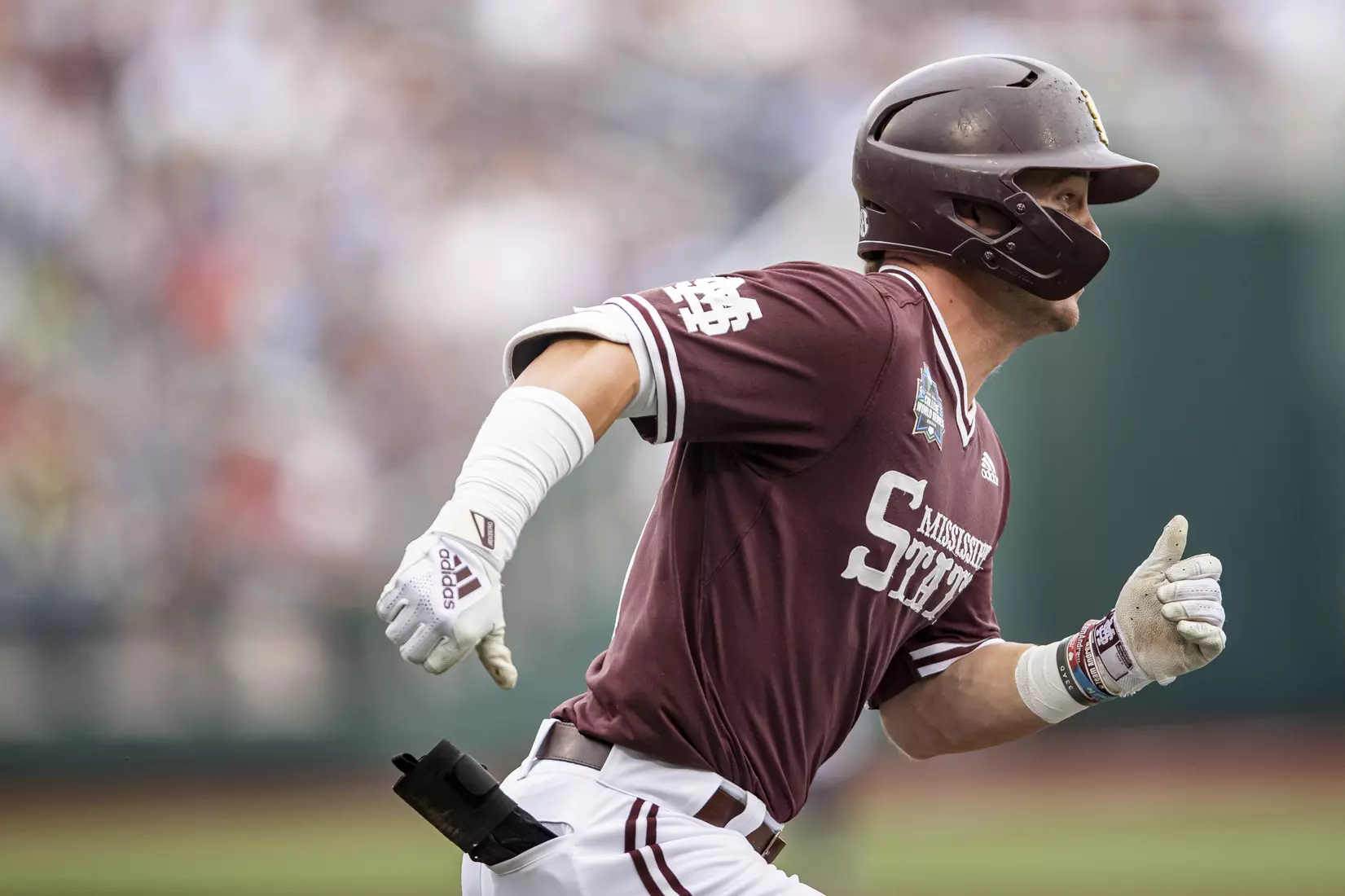 OMAHA, NE - June 22, 2021 - Mississippi State Outfielder Tanner Allen (#5) during the 2021 Mens College World Series game between the Mississippi State Bulldogs and the Virginia Cavaliers at TD Ameritrade Park in Omaha, NE. Photo By Austin Perryman