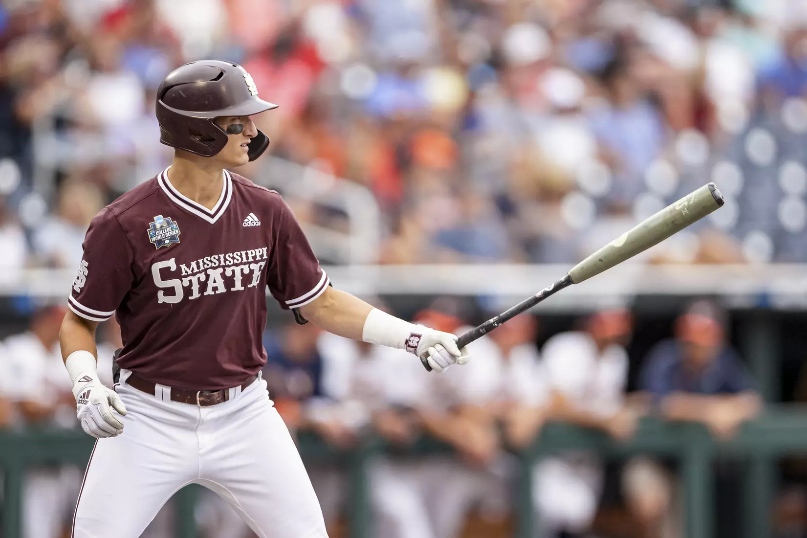 OMAHA, NE - June 22, 2021 - Mississippi State Infielder Kamren James (#6) during the 2021 Mens College World Series game between the Mississippi State Bulldogs and the Virginia Cavaliers at TD Ameritrade Park in Omaha, NE. Photo By Austin Perryman