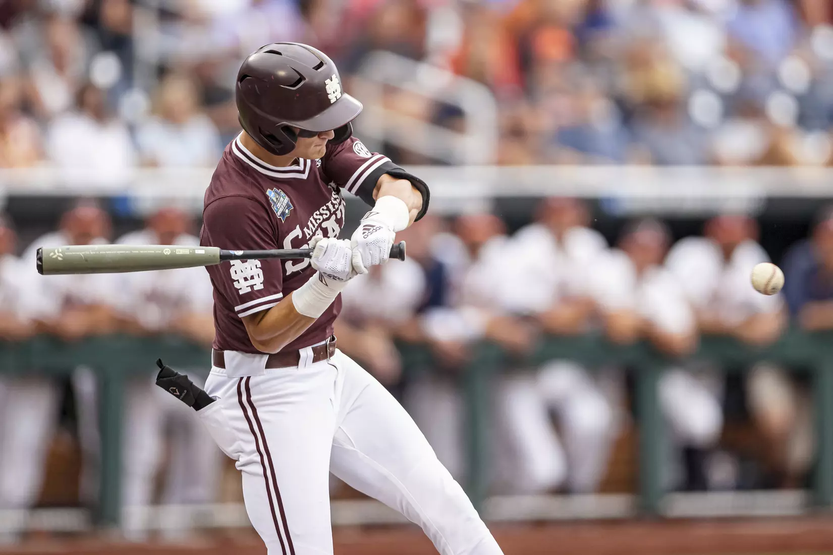 OMAHA, NE - June 22, 2021 - Mississippi State Infielder Kamren James (#6) during the 2021 Mens College World Series game between the Mississippi State Bulldogs and the Virginia Cavaliers at TD Ameritrade Park in Omaha, NE. Photo By Austin Perryman