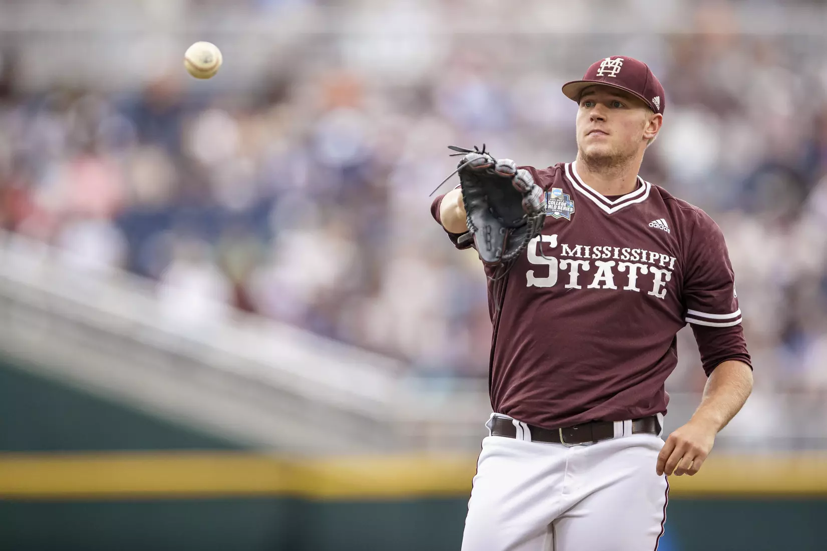OMAHA, NE - June 22, 2021 - Mississippi State Pitcher Christian MacLeod (#28) during the 2021 Mens College World Series game between the Mississippi State Bulldogs and the Virginia Cavaliers at TD Ameritrade Park in Omaha, NE. Photo By Austin Perryman