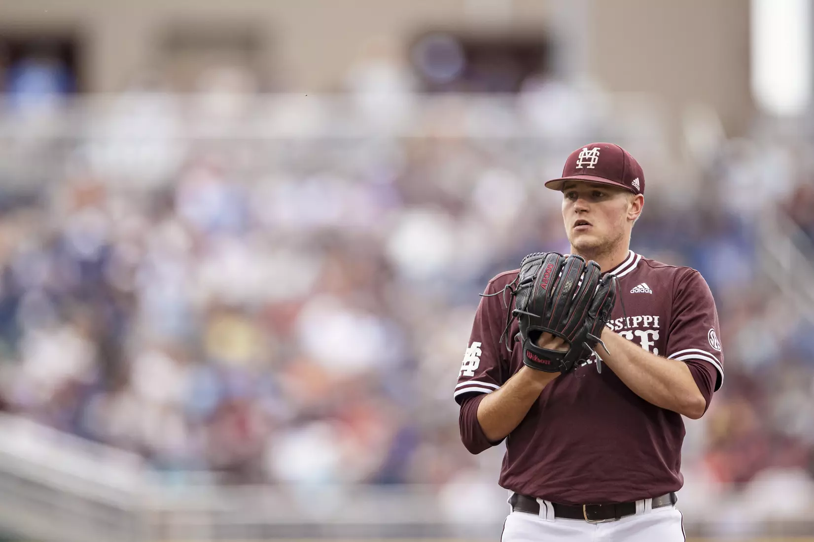 OMAHA, NE - June 22, 2021 - Mississippi State Pitcher Christian MacLeod (#28) during the 2021 Mens College World Series game between the Mississippi State Bulldogs and the Virginia Cavaliers at TD Ameritrade Park in Omaha, NE. Photo By Austin Perryman