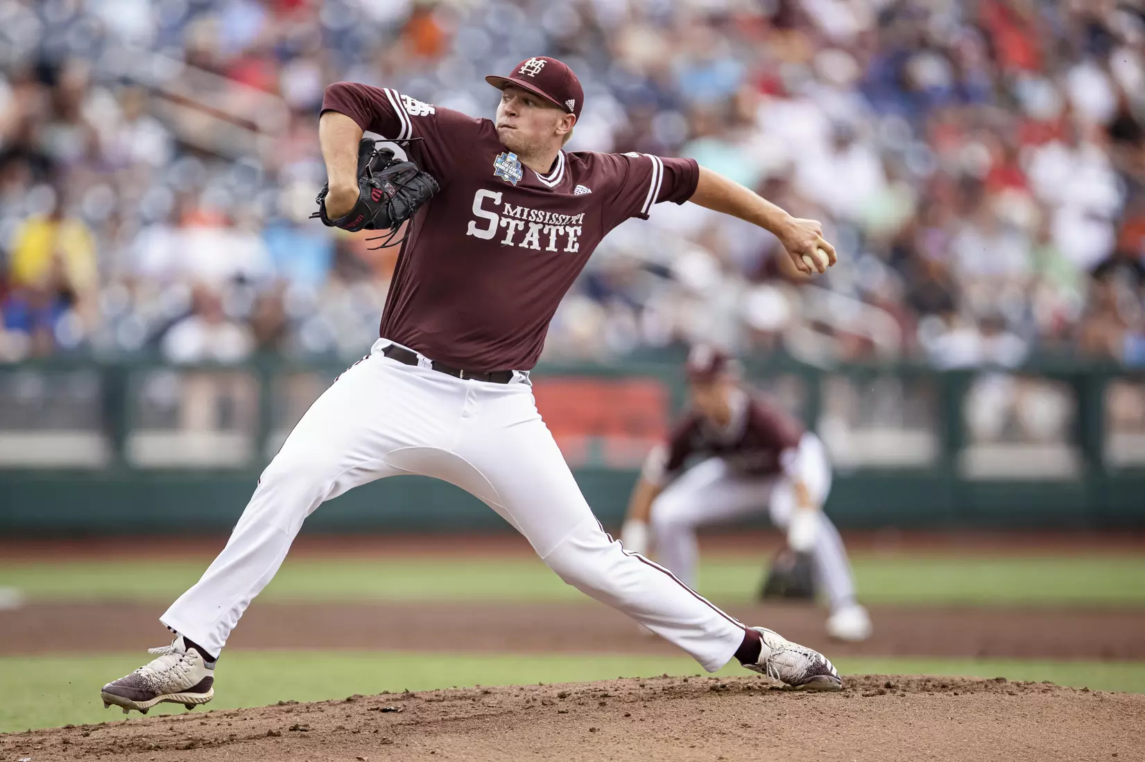 OMAHA, NE - June 22, 2021 - Mississippi State Pitcher Christian MacLeod (#28) during the 2021 Mens College World Series game between the Mississippi State Bulldogs and the Virginia Cavaliers at TD Ameritrade Park in Omaha, NE. Photo By Austin Perryman