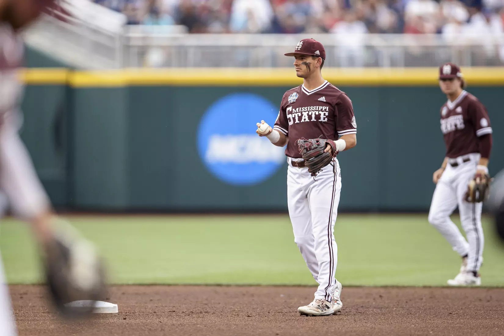 OMAHA, NE - June 22, 2021 - Mississippi State Infielder Scotty Dubrule (#3) during the 2021 Mens College World Series game between the Mississippi State Bulldogs and the Virginia Cavaliers at TD Ameritrade Park in Omaha, NE. Photo By Austin Perryman