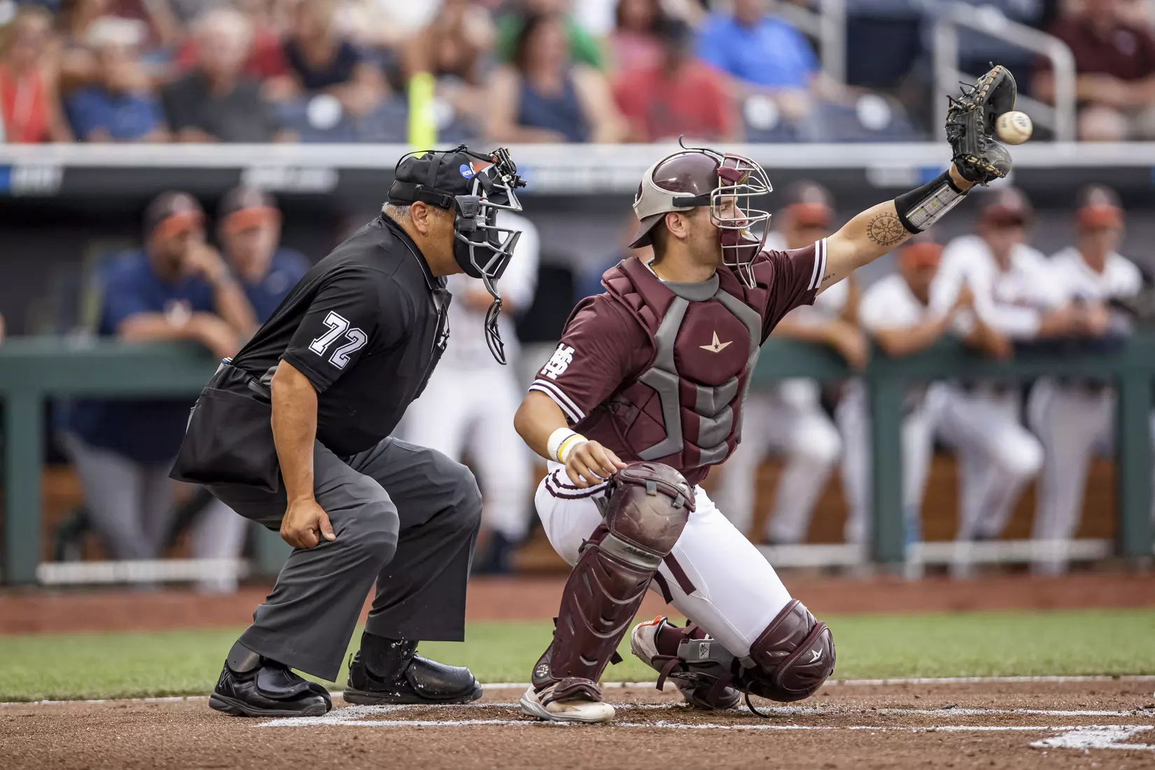 OMAHA, NE - June 22, 2021 - Mississippi State Catcher Logan Tanner (#19) during the 2021 Mens College World Series game between the Mississippi State Bulldogs and the Virginia Cavaliers at TD Ameritrade Park in Omaha, NE. Photo By Austin Perryman