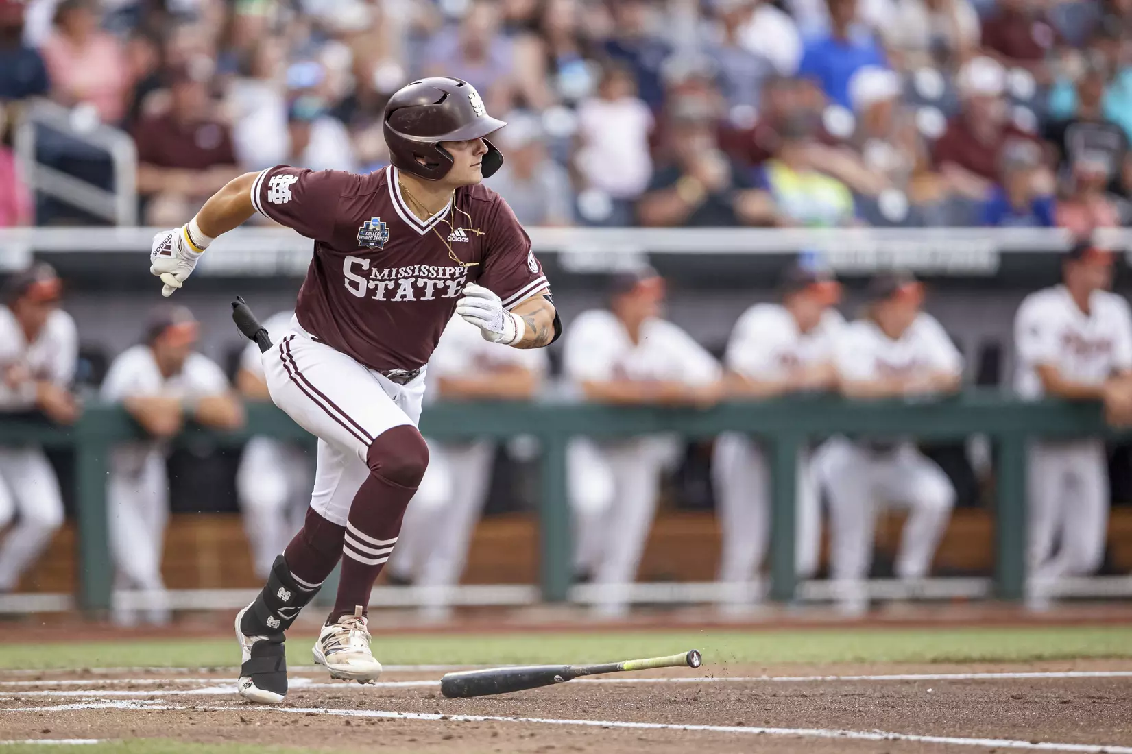 OMAHA, NE - June 22, 2021 - Mississippi State Catcher Logan Tanner (#19) during the 2021 Mens College World Series game between the Mississippi State Bulldogs and the Virginia Cavaliers at TD Ameritrade Park in Omaha, NE. Photo By Austin Perryman