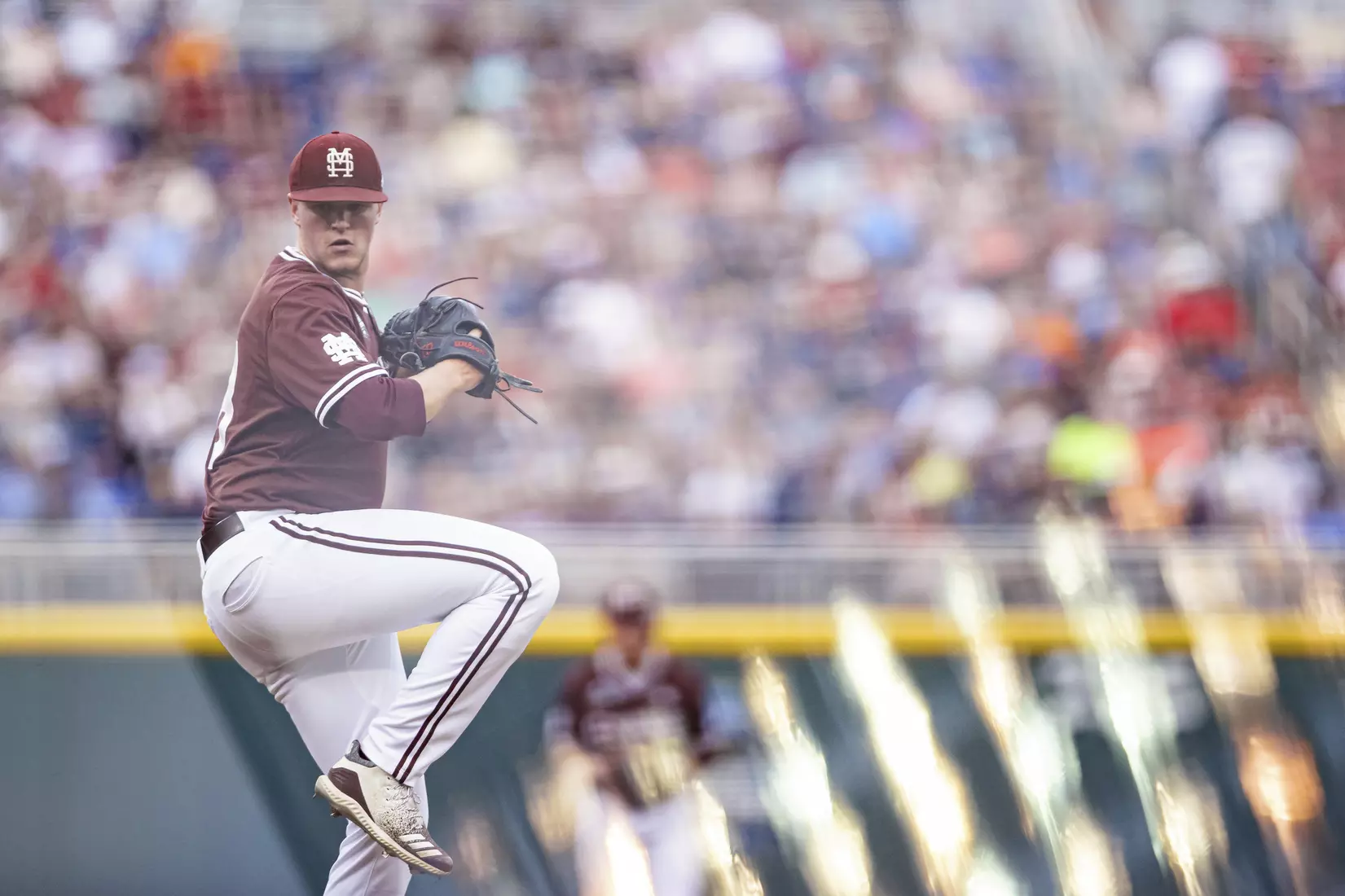 OMAHA, NE - June 22, 2021 - Mississippi State Pitcher Christian MacLeod (#28) during the 2021 Mens College World Series game between the Mississippi State Bulldogs and the Virginia Cavaliers at TD Ameritrade Park in Omaha, NE. Photo By Austin Perryman